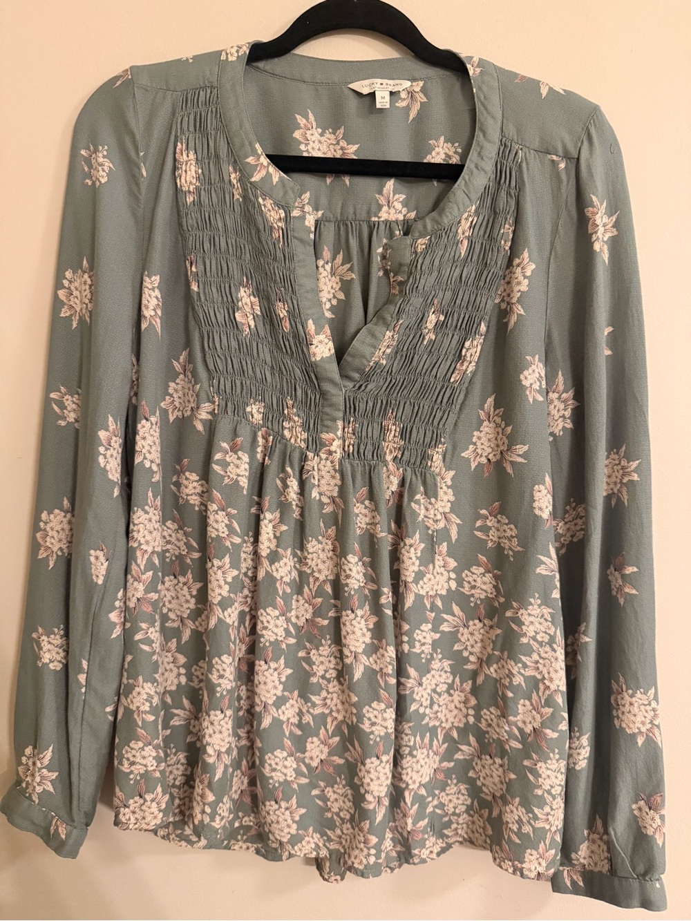 Lucky Brand Sage Green Floral Smocked Top